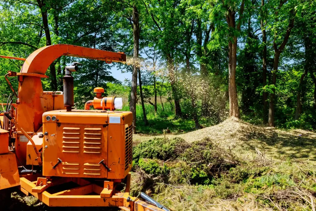 Wood chip mill creating wood chips out of tree branches