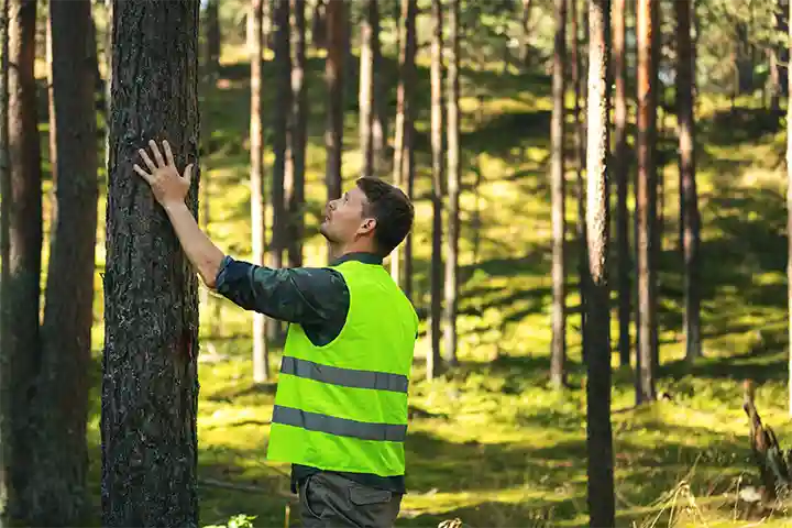 Worker assessing a tree for risk in a forested area